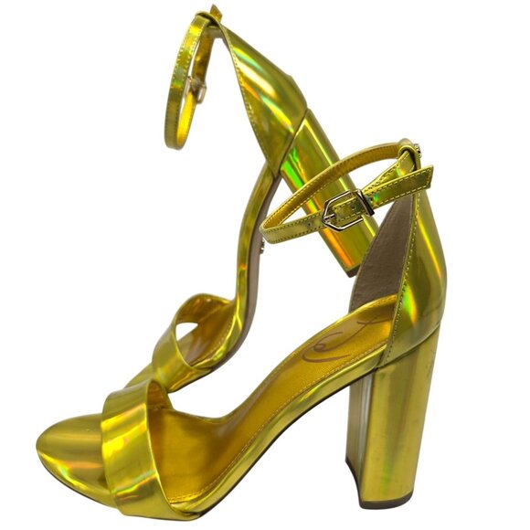 Holographic Sam Edelman Yaro Gold Ankle Strap Block Heel Sandals Womens US 7.5M - Picture 1 of 6
